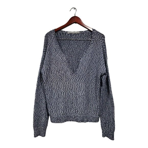 Athleta Women's Blue Silver V-Neck Open Knit Long-Sleeved Sweater Top Size XL - Picture 1 of 9